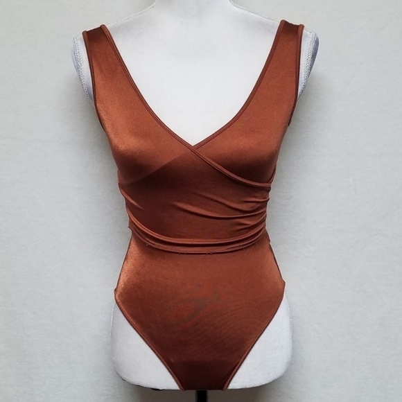 𝅺VINTAGE 70s Metallic Copper Wrap Maillot Swimsuit - Picture 6 of 11